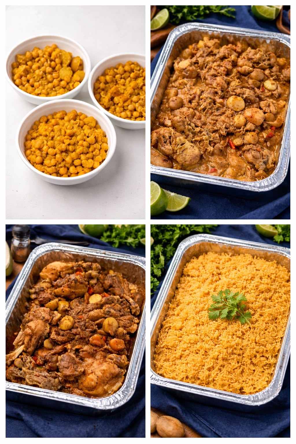 Catering trays of jollof rice, curry chicken and chickpeas