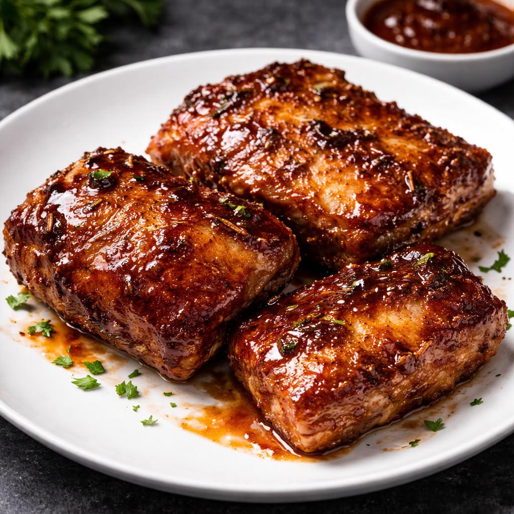Glazed barbecue chicken on a white plate